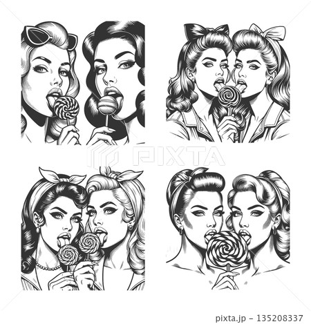 pin-up girl licking lollipops engraving set vector pin-up girl licking lollipops engraving set vector 135208337