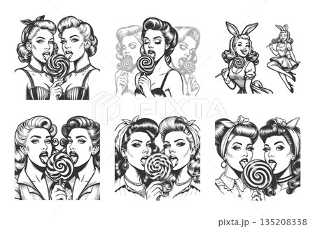 pin-up girl licking lollipops engraving set vector 135208338