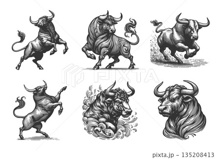 Bull in Dynamic Pose engraving raster collection 135208413