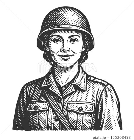 Female Soldier in Military Helmet engraving sketch vector illustration 135208458