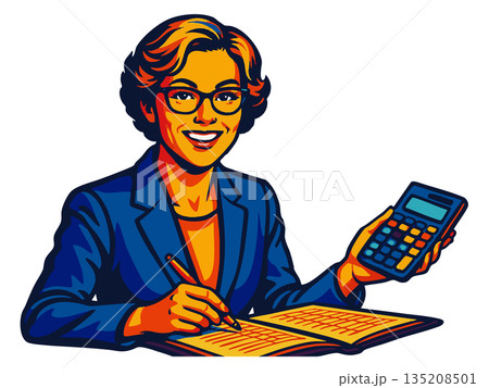 Smiling female accountant using calculator at desk 135208501