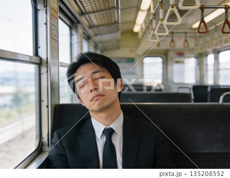 通勤電車で疲れた表情のビジネスマン 135208552