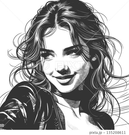 Smiling Woman in Leather Jacket Black and White Smiling Woman in Leather Jacket Black and White 135208611