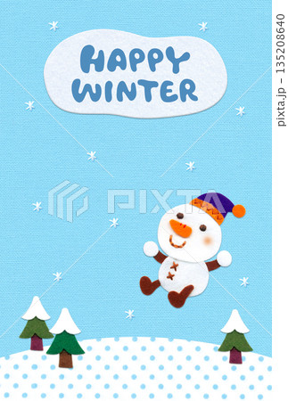 雪原と雪だるまのアップリケあいさつ状/縦型・淡ブルー/英字タイトルあり 雪原と雪だるまのアップリケあいさつ状/縦型・淡ブルー/英字タイトルあり 135208640