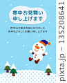 雪原と雪だるまのアップリケ寒中見舞い／背景・淡ブルー／縦型・文字あり 135208641