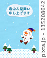 雪原と雪だるまのアップリケ寒中見舞い／背景・淡ブルー／縦型・タイトルのみ 135208642
