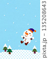 雪原と雪だるまのアップリケあいさつ状／背景・淡ブルー／縦型・文字なし 135208643