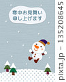 雪原と雪だるまのアップリケ寒中見舞い／背景・淡グレー／縦型・タイトルのみ 135208645