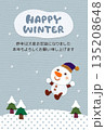 雪原と雪だるまのアップリケあいさつ状／背景・淡グレー／縦型・文字あり 135208648