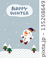雪原と雪だるまのアップリケあいさつ状／背景・淡グレー／縦型・英字タイトルのみ 135208649