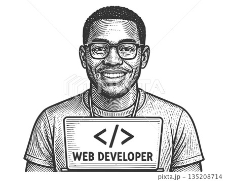 Smiling Web Developer Holding Laptop sketch raster Smiling Web Developer Holding Laptop sketch raster 135208714
