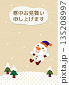 雪原と雪だるまのアップリケ寒中見舞い／背景・生成り／縦型・タイトルのみ 135208997