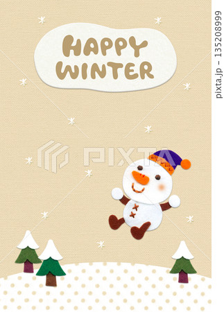 雪原と雪だるまのアップリケあいさつ状／背景・生成り／縦型・英字タイトルのみ 135208999