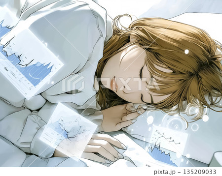 睡眠データに包まれて眠る若い女性のスリープテックイメージイラスト 135209033