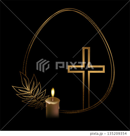 Happy Easter. Isolated design element featuring a gold-colored egg with a cross and candles 135209354