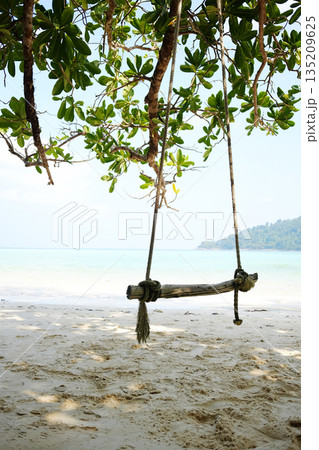 Wooden swing hanging on big tree over beach sea on summer in Thailand 135209625