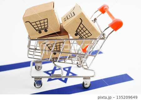 Online shopping, Shopping cart box on Israel flag, import export, finance commerce. 135209649
