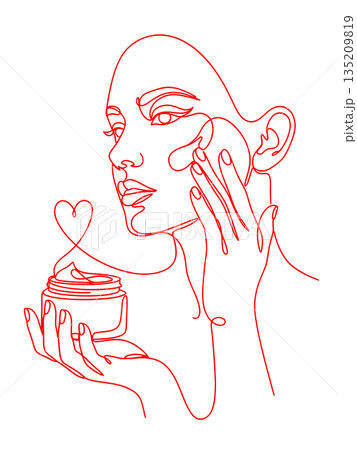 Minimalist Red Line Art Woman Applying Face Cream with Heart Detail Minimalist Red Line Art Woman Applying Face Cream with Heart Detail 135209819