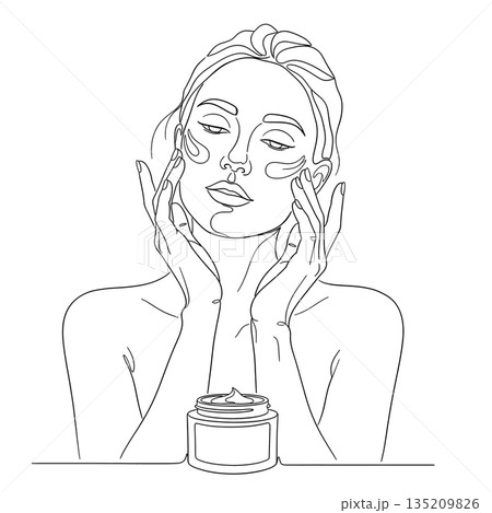Continuous Line Drawing of Woman at Vanity Applying Face Cream Continuous Line Drawing of Woman at Vanity Applying Face Cream 135209826