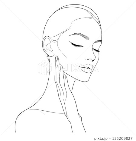 Elegant Fine Line Illustration of Woman with Eyes Closed and Hand on Neck Elegant Fine Line Illustration of Woman with Eyes Closed and Hand on Neck 135209827