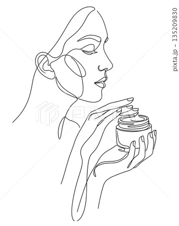 Continuous Line Drawing of Woman in Profile Holding Skincare Jar 135209830