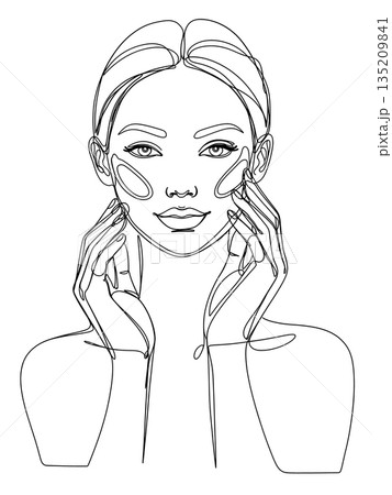 Symmetrical Front View Line Art Woman Applying Face Moisturizer 135209841