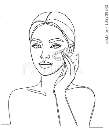 One Line Art Illustration of a Woman Applying Moisturizer to Face 135209842