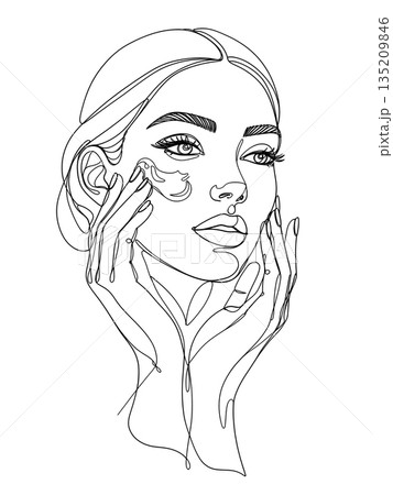 One Line Drawing of a Woman Applying Face Cream or Skincare One Line Drawing of a Woman Applying Face Cream or Skincare 135209846