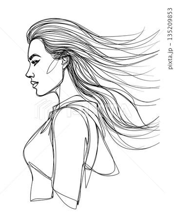 Continuous Line Art of a Woman Profile with Long Hair in the Breeze 135209853