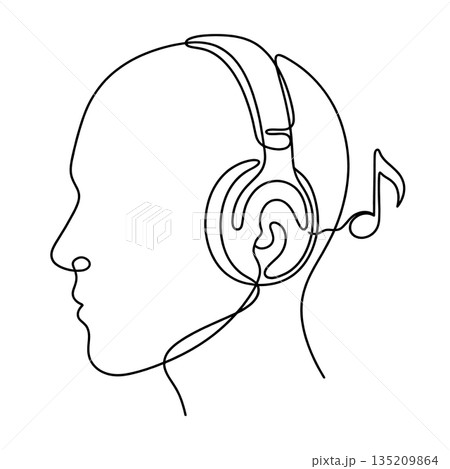 Line Art of a Man with Headphones and Music Note Icon 135209864