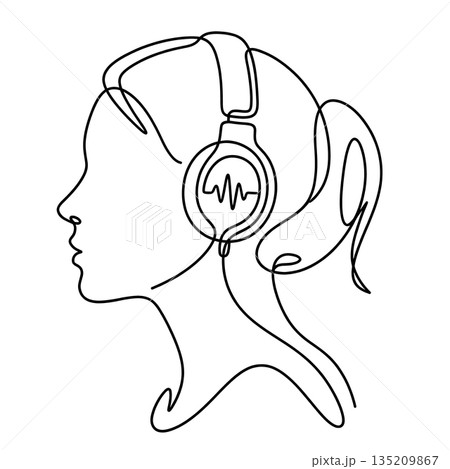 Minimalist Line Art of a Woman with Ponytail and Headphones Minimalist Line Art of a Woman with Ponytail and Headphones 135209867