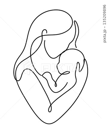 Minimalist Abstract Line Art of Mother and Infant Heart Shape 135209896