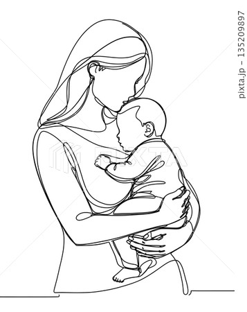 Single Line Drawing of Motherhood Bond and Maternal Care 135209897