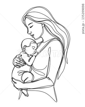 Detailed Continuous Line Art of Mother Embracing Her Baby 135209898