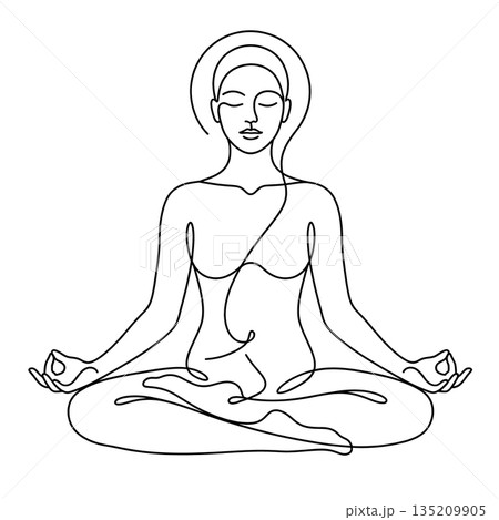 Continuous Line Art of Woman Meditating in Zen Lotus Pose 135209905