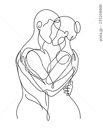 Minimalist One Line Drawing of a Romantic Couple Embracing 135209906