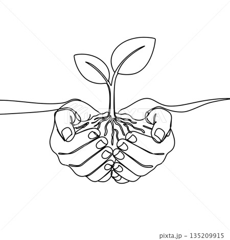 Continuous Line Drawing of Hands Holding a Small Plant with Roots Ecology Concept 135209915