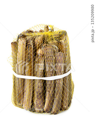 Fresh raw razor clams in mesh net isolated on white background 135209980