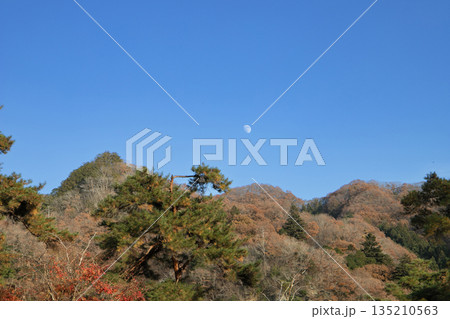 冬の山の青空に浮かぶ昼間の月 135210563