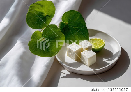 Fresh Lime and Herbal Cubes on a White Plate Fresh Lime and Herbal Cubes on a White Plate 135211037