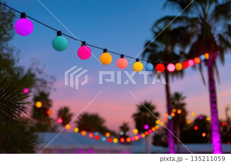 Colorful String Lights at Sunset in Tropical Setting Colorful String Lights at Sunset in Tropical Setting 135211059