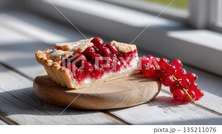 Delicious Berry Pie on Wooden Board with Fresh Berries 135211076