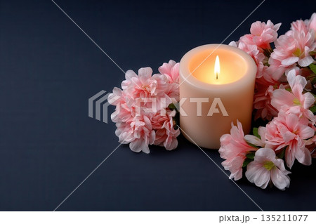 Candle Surrounded by Pink Flowers on Dark Background Candle Surrounded by Pink Flowers on Dark Background 135211077