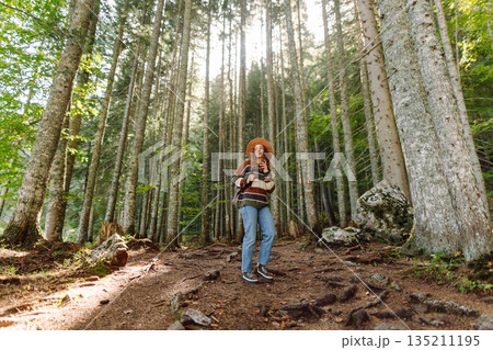 Woman with backpack hiking outdoors in the Forest. Trekking in the Pine Woods. Hiking lifestyle Woman with backpack hiking outdoors in the Forest. Trekking in the Pine Woods. Hiking lifestyle 135211195