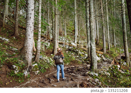 Woman with backpack hiking outdoors in the Forest. Trekking in the Pine Woods. Hiking lifestyle Woman with backpack hiking outdoors in the Forest. Trekking in the Pine Woods. Hiking lifestyle 135211208