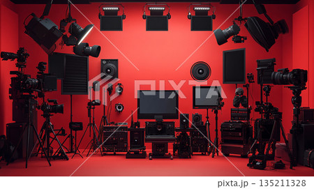 Video creation industry. modern filming gear for professional video production. Red studio. AI Generated. 135211328