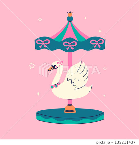 Carousel with a cute swan on a pink background. Vector graphics. 135211437