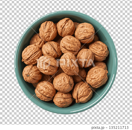Close-up of whole walnuts in a ceramic bowl, natural healthy snack and cooking ingredient for nutritious recipes 135211713