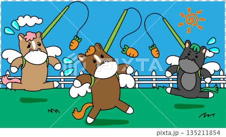 Illustration of working horses running desperately in pursuit of their goal Illustration of working horses running desperately in pursuit of their goal 135211854