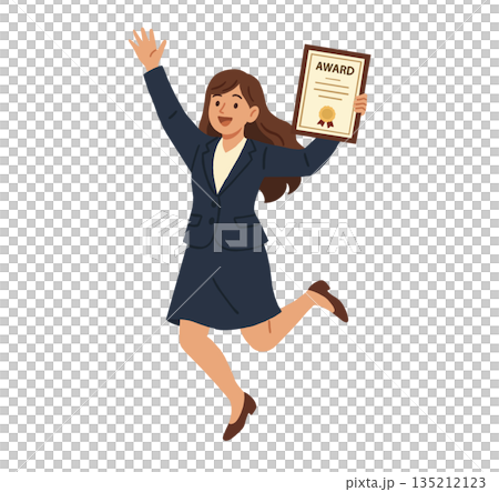 An illustration of a businesswoman holding an award. 135212123